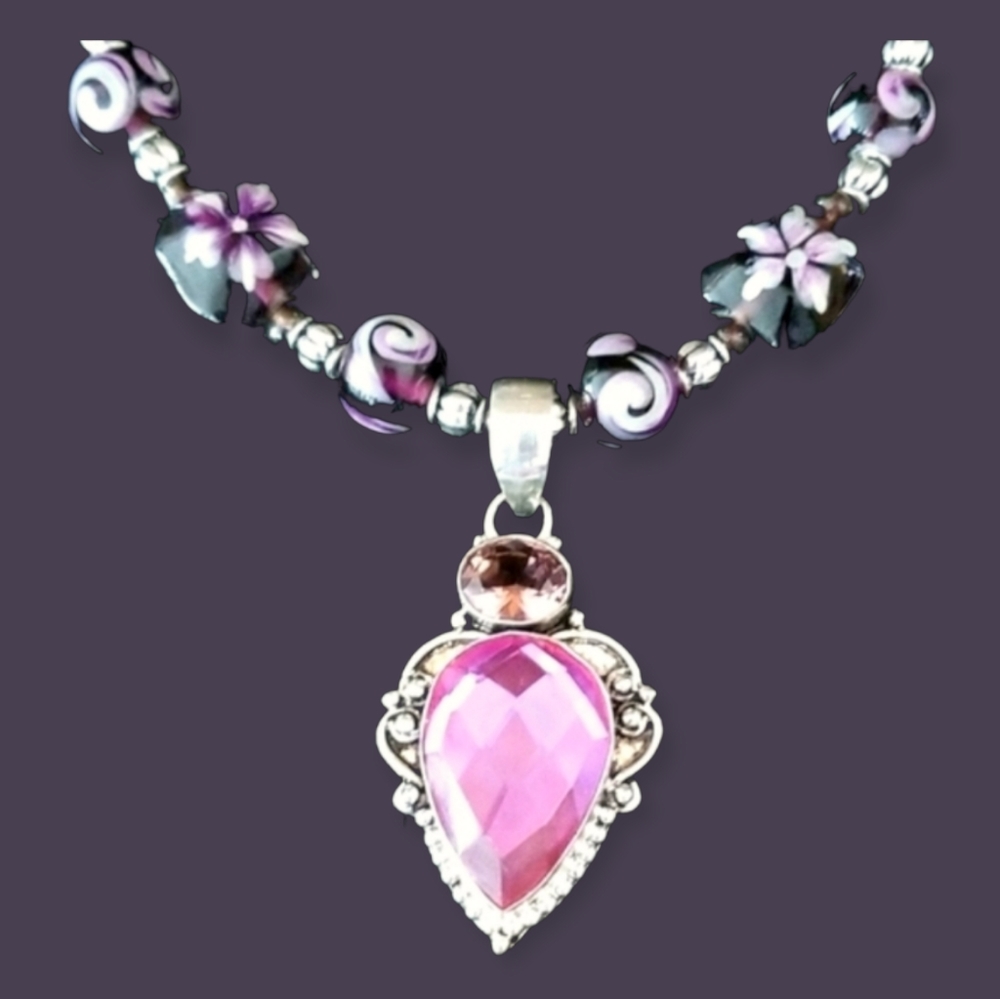 Hand Crafted Sterling Silver .925 Glass Bead Pink Tourmaline Pendant Necklace